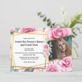 Gold rose geometric floral photo summer party invitation (Standing Front)