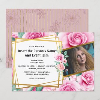 Gold rose geometric floral photo summer party invitation