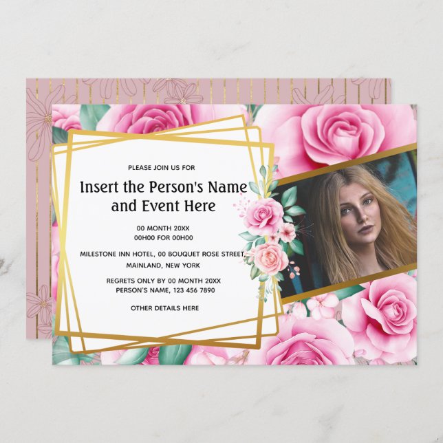 Gold rose geometric floral photo summer party invitation (Front/Back)