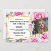 Gold rose geometric floral photo summer party invitation (Front)