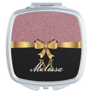 GOLD ROSE GLITTER BLACK GOLDEN BOW MONOGRAM COMPACT MIRROR