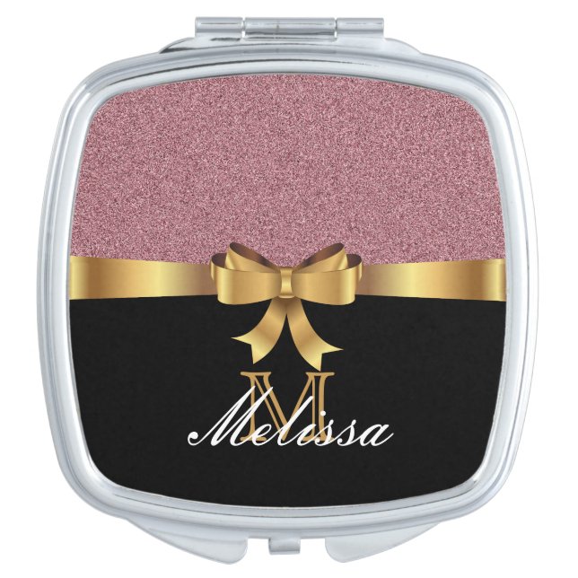 GOLD ROSE GLITTER  BLACK GOLDEN BOW MONOGRAM COMPACT MIRROR (Front)