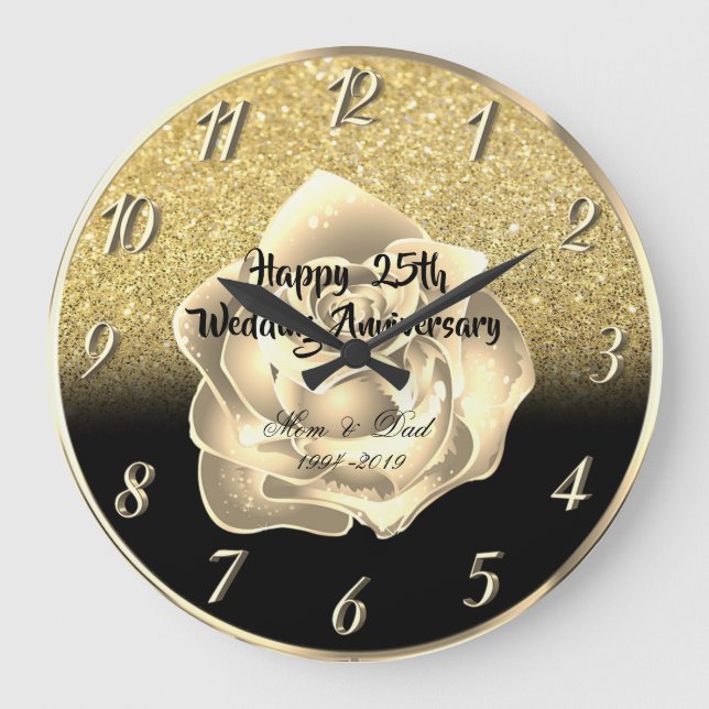 Gold Rose Glitter Ombre  25th Wedding Anniversary Large Clock (Front)