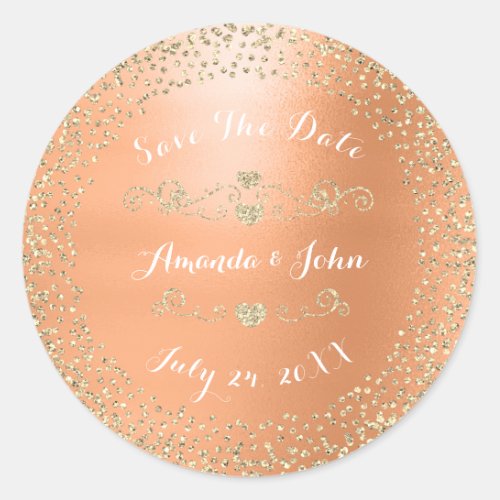 Gold Rose Glitter Save the Date Coral Peach Orange Classic Round Sticker