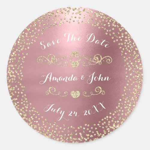 Gold Rose Glitter Save the Date Mauve Pink Blush Classic Round Sticker