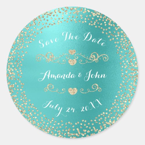 Gold Rose Glitter Save the Date Mint Ocean Aqua Classic Round Sticker