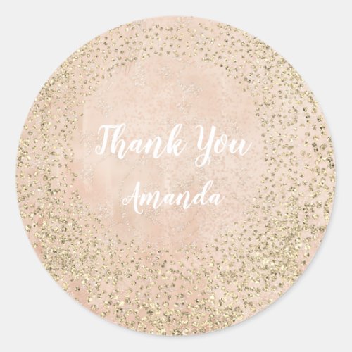 Gold Rose Glitter Skinny Peach  Lux Name Thank You Classic Round Sticker