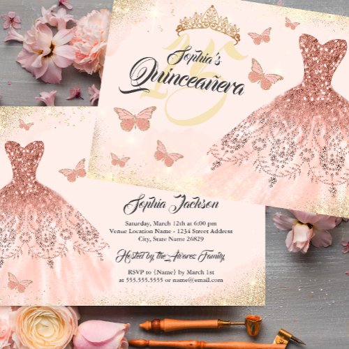 Gold Rose Gold Quinceanera Butterfly Dress  Invitation