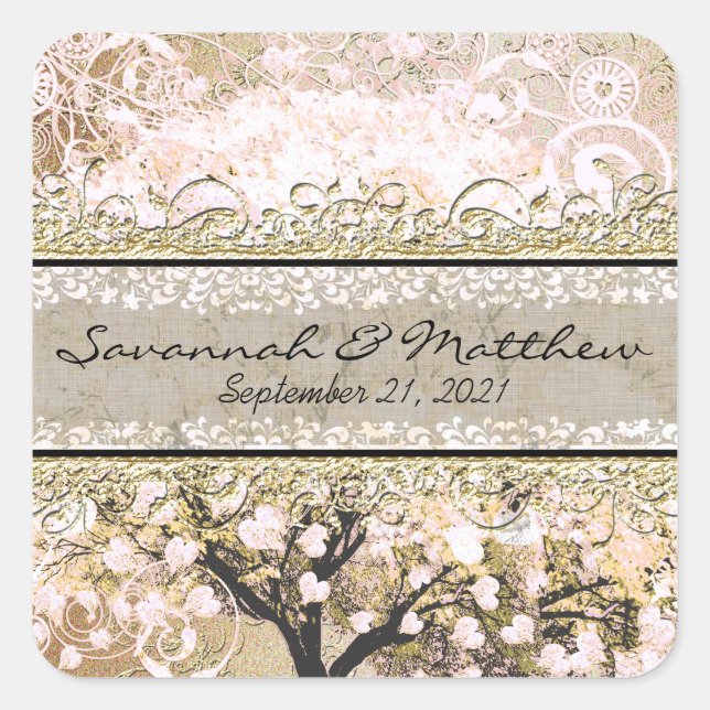 Gold Rose Heart Leaf Tree Square Wedding Seal (Front)