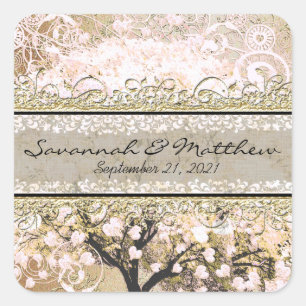 Gold Rose Heart Leaf Tree Square Wedding Seal