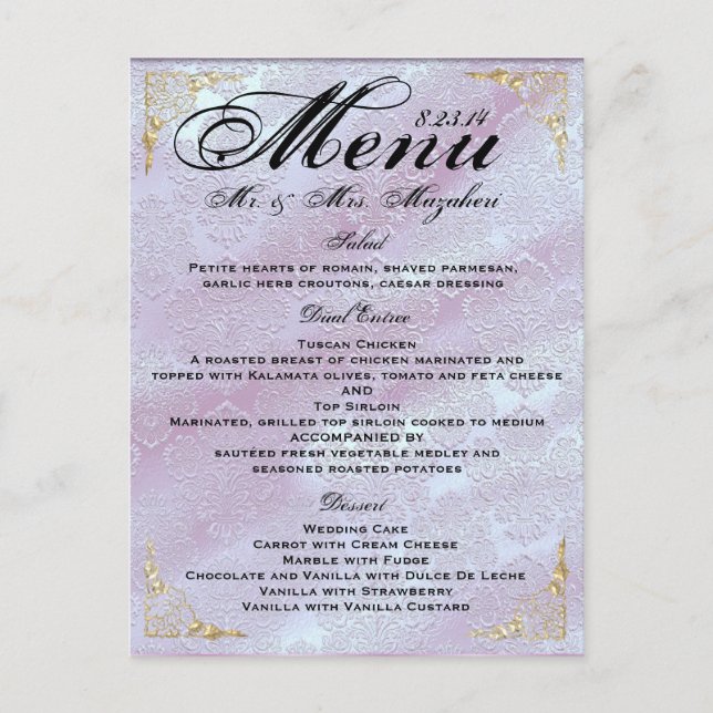 Gold Rose lavender Wedding Dinner Menu Thank you (Front)