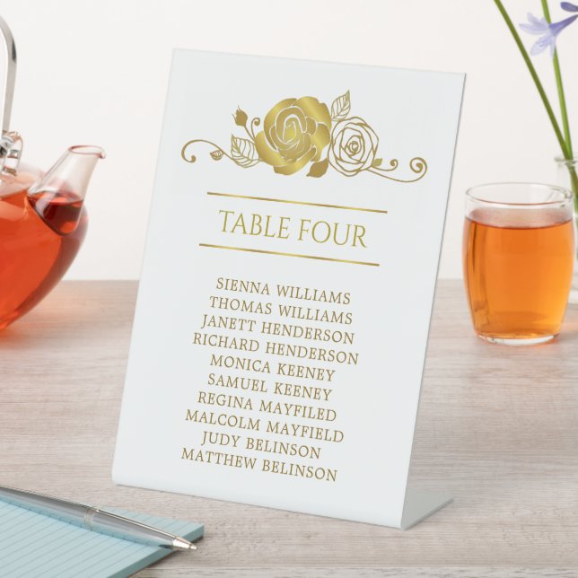 Gold Rose Leaves Seating Chart Table Numbers Pedestal Sign (In SItu)