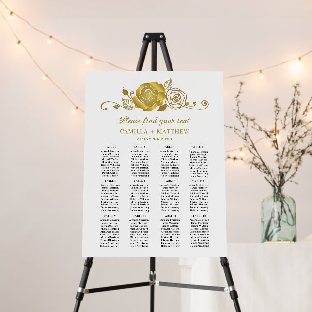 Gold Rose Leaves Swirls Wedding Seating Chart Foam Board (In Situ (Stand))