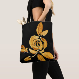 Gold Rose on Black Tote Bag