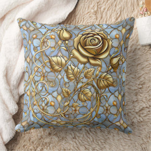 Gold Rose on Blue Glass Throw Pillow