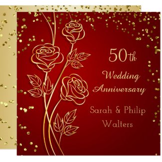 Gold rose on red, confetti 50th Anniversary Invitation