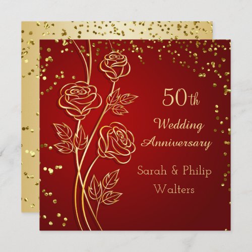 Gold rose on red confetti 50th Anniversary Invitation