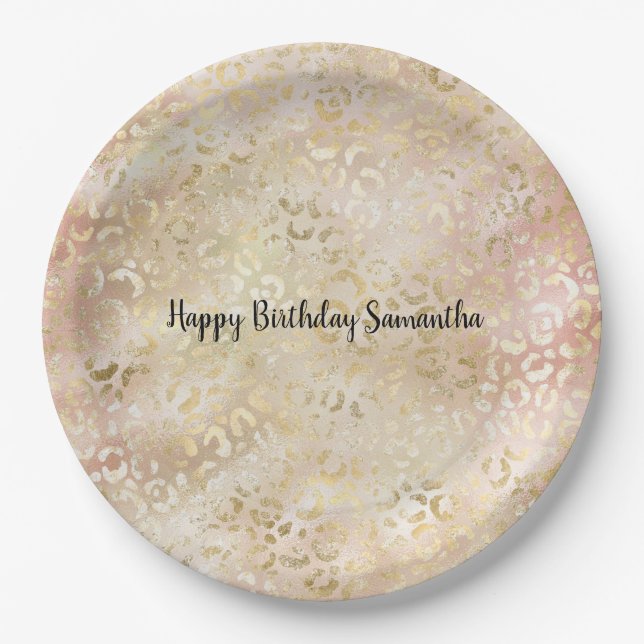 Gold Rose Pink Leopard Print Paper Plates (Front)