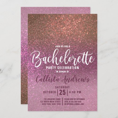 Gold Rose Pink Triple Glitter Ombre Bachelorette Invitation