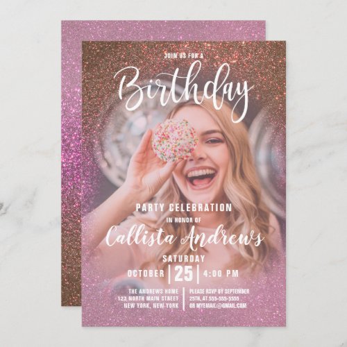 Gold Rose Pink Triple Glitter Ombre Photo Birthday Invitation