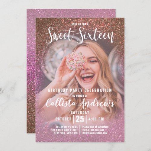 Gold Rose Pink Triple Glitter Ombre Photo Sweet 16 Invitation