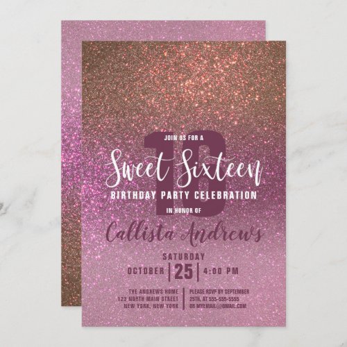 Gold Rose Pink Triple Glitter Ombre Sweet 16 Invitation