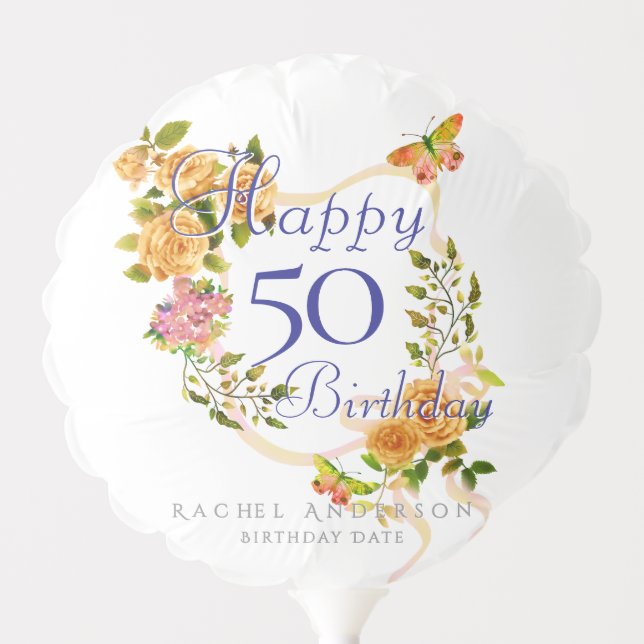 Gold Rose Ribbon 50th Birthday Balloon (Front)