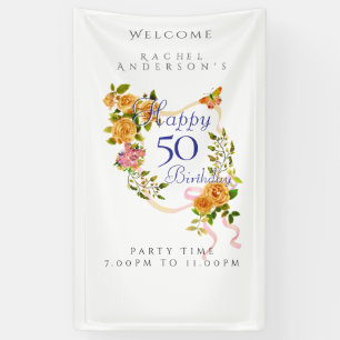 Gold Rose Ribbon 50th Birthday Banner