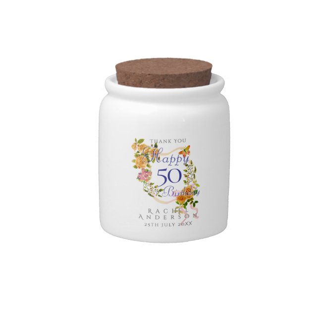 Gold Rose Ribbon 50th Birthday  Candy Jar (Front)