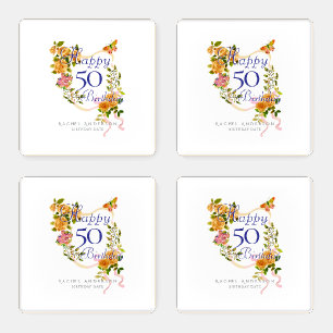 Gold Rose Ribbon 50th Birthday  Coaster Set