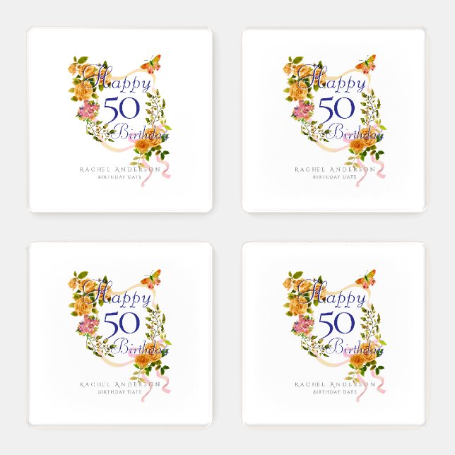 Gold Rose Ribbon 50th Birthday  Coaster Set (Set)