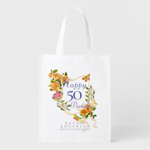 Gold Rose Ribbon 50th Birthday Grocery Bag