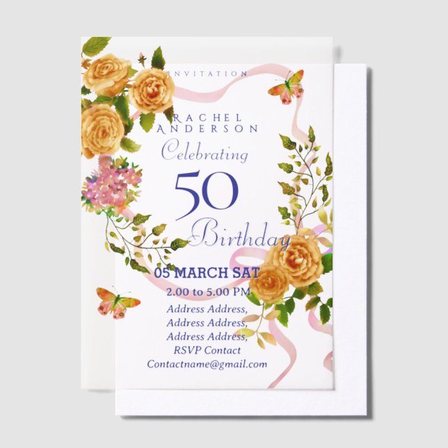 Gold Rose Ribbon 50th  Birthday Invitation (Offset)