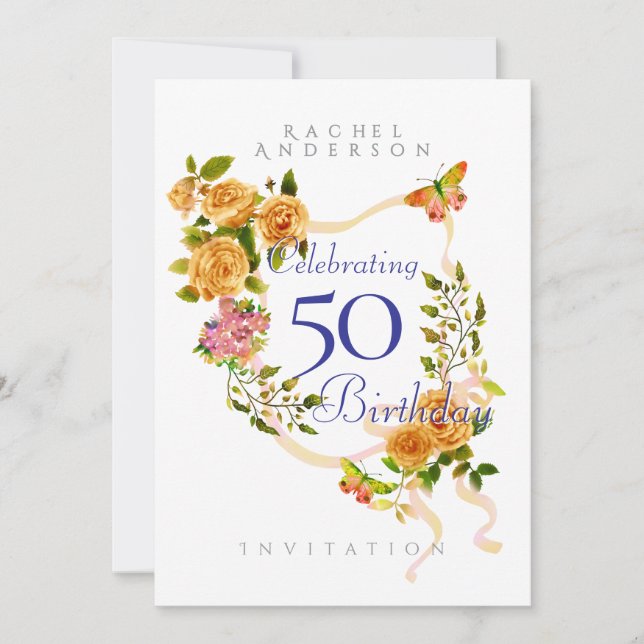Gold Rose Ribbon 50th Birthday Invitation (Front)