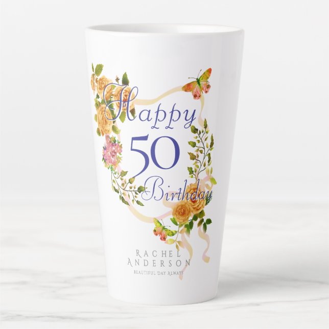 Gold Rose Ribbon 50th Birthday Latte Mug (Front)