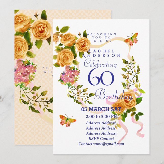 Gold Rose Ribbon 60th  Birthday Invitation (Front/Back)