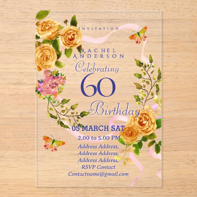 Gold Rose Ribbon 60th Birthday Invitation (Front)