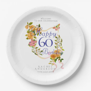 Gold Rose Ribbon 60th Birthday Paper Plates