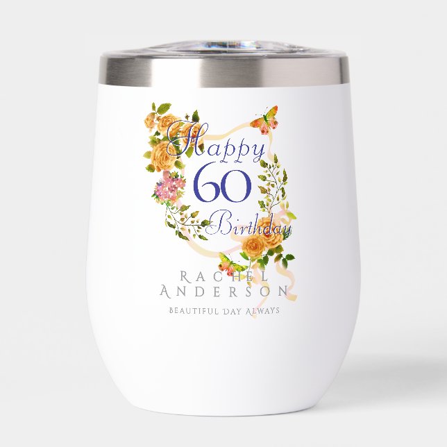 Gold Rose Ribbon 60th Birthday Thermal Wine Tumbler (Front)