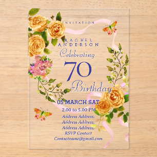 Gold Rose Ribbon 70th Birthday Invitation