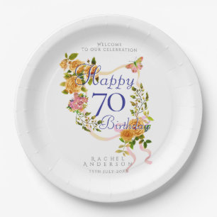 Gold Rose Ribbon 70th Birthday Paper Plates