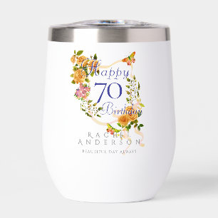 Gold Rose Ribbon 70th Birthday Thermal Wine Tumbler