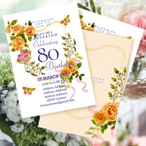 Gold Rose Ribbon 80th Birthday Invitation
