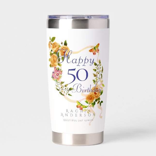 Gold Rose Ribbon Birthday Insulated Tumbler (Front)