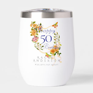Gold Rose Ribbon Birthday Thermal Wine Tumbler