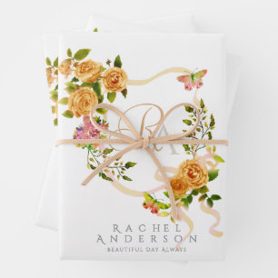 Gold Rose Ribbon Chic Monogram White Wrapping Paper Sheets