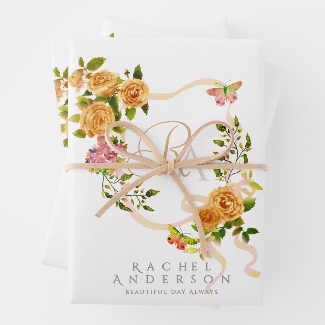 Gold Rose Ribbon Chic Monogram White Wrapping Paper Sheets (In situ)