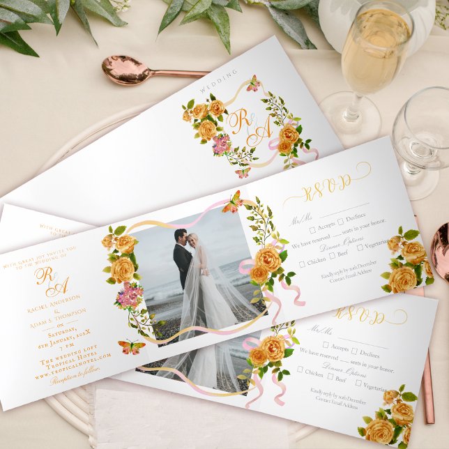 Gold Rose Ribbon Monogram Photo Wedding Invitation (Elegant Rose Ribbon Monogram Photo Invitation Card.)