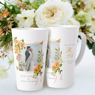 Gold Rose Ribbon Monogram Photo Wedding Latte Mug