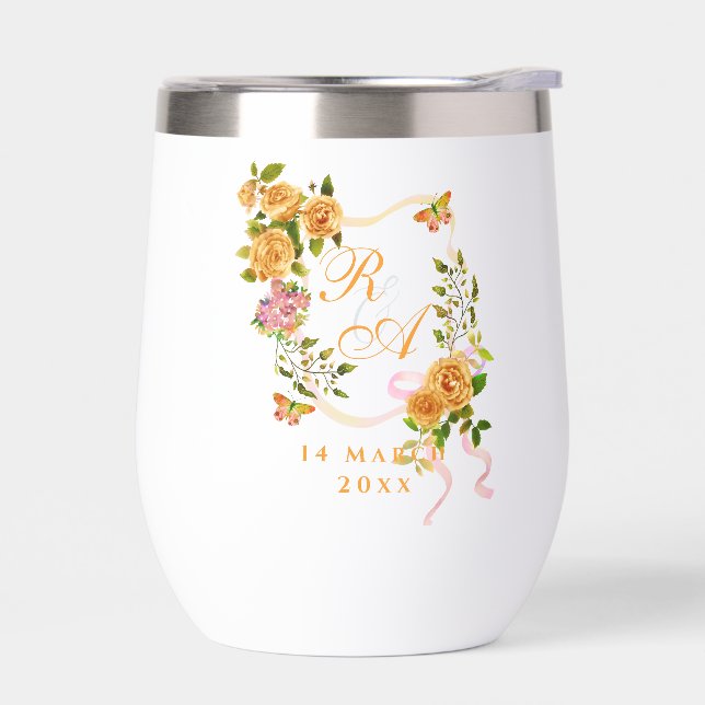 Gold Rose Ribbon Monogram  Thermal Wine Tumbler (Left)